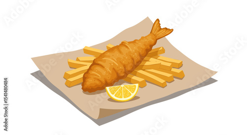 A golden fried fish and chips meal with lemon wedge, ready to eat.