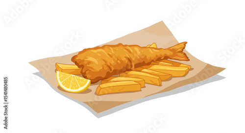 A crispy, golden fried fish fillet and french fries served with lemon.