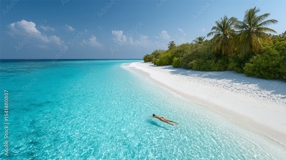 Fototapeta premium Woman Floating in Crystal Clear Turquoise Water, Tropical Beach Paradise