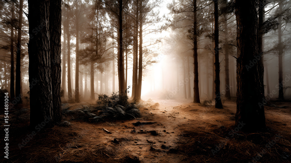 Fototapeta premium A surreal sepia-toned pine forest in the mist, with an ethereal and calming light, creating a nostalgic vintage atmosphere.
