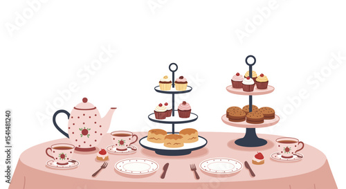 Illustration of a tea party setup with teapot, cups, tiered stands of pastries, and plates on a pink tablecloth.