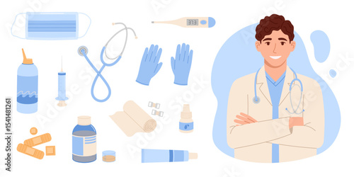Doctor in white coat with medical supplies set. Flat isolated vector illustration