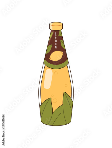 Bottle of carbonated lemonade. Glass packaging of soft drink with lemon juice. Container of fizzy refreshing beverage with citrus fruit flavor. Flat isolated vector illustration on white background
