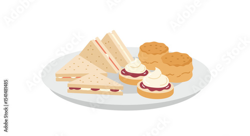 A delightful afternoon tea spread featuring sandwiches and scones with jam and cream.