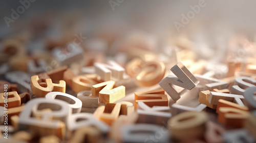 Wooden letters scattered in soft light create warm, abstract background with mix of natural tones and blurred depth, evoking creativity and learning concepts