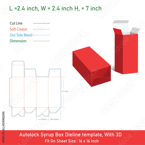 Auto lock Syrup Box Dieline template, With 3D