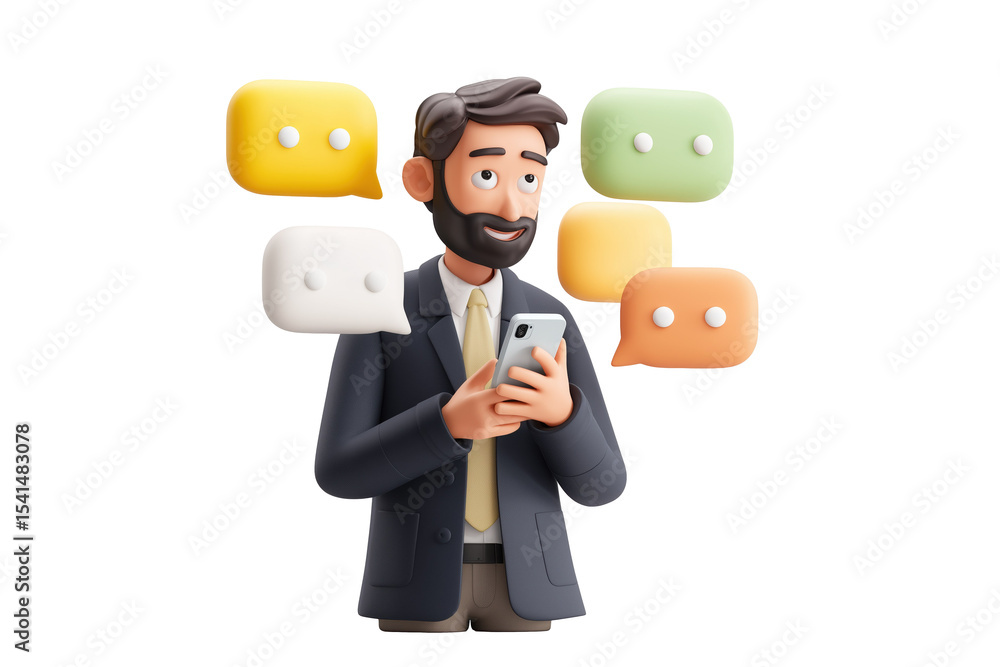 Mobile notifications around a 3d cartoon man. Cutout Image. Alpha channel. Transparent. Mobile notifications around a 3d cartoon man. Cutout Image. Alpha channel. Transparent.