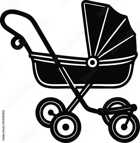 Stylized silhouette of a vintage baby carriage or pram in black and white