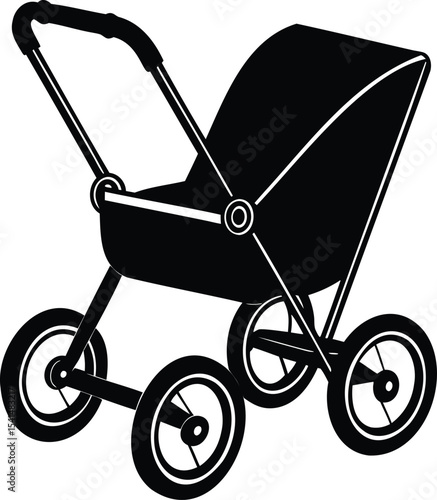 Stylish black silhouette of a fourwheeled baby carriage on white backdrop