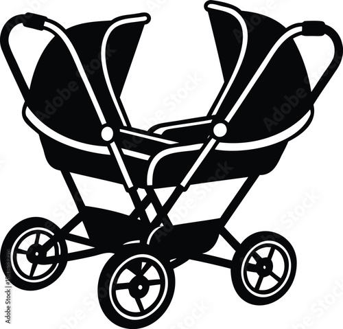 Isolated double baby stroller, black and white twins pram for babies