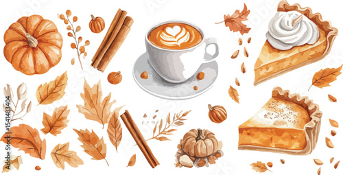 Autumnal Still Life with Pumpkin Pie Latte and Cinnamon Sticks a Watercolor Illustration Perfect for Thanksgiving and Fall Themed Designs on a White Background