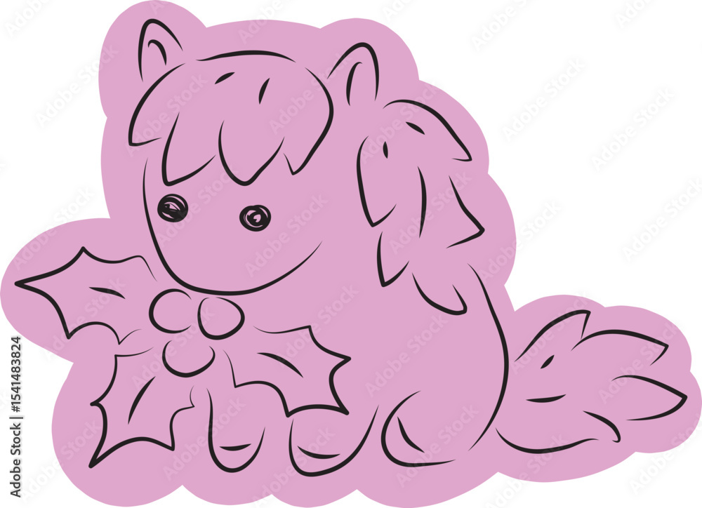 Obraz premium A cute little pony sitting and holding a Christmas holly in her mouth, drawn with simple black curved lines and casually colored in purple