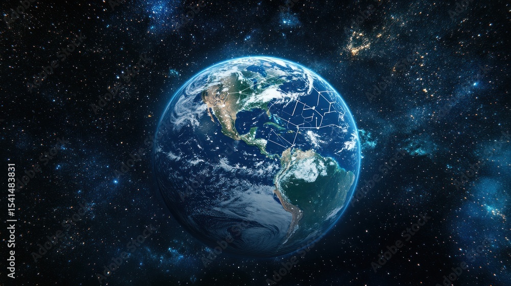 Fototapeta premium Earth in Space with Networked Routes, Cosmic Background