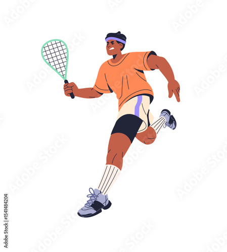 Concentrating squash player runs with racket. Serious athlete is rushing to hit ball with racquet. Black sportsman plays padel tennis, sports game in court. Flat isolated vector illustration on white