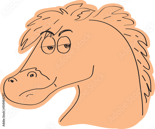 Funny cartoon horse head with sly eyes looking at camera, drawn with simple black curved lines and casually colored in warm color