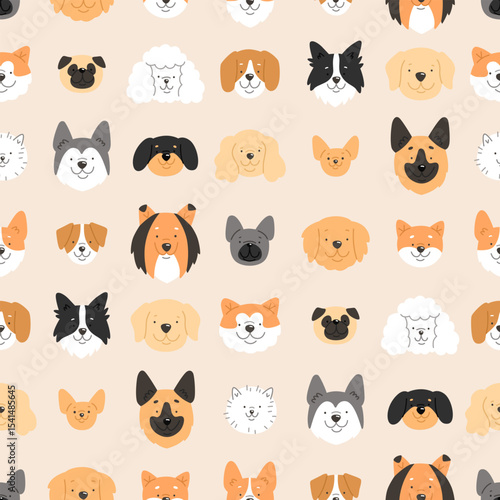 Vector pattern with сartoon dogs breeds. Seamless pattern with cute dog faces on beige background.