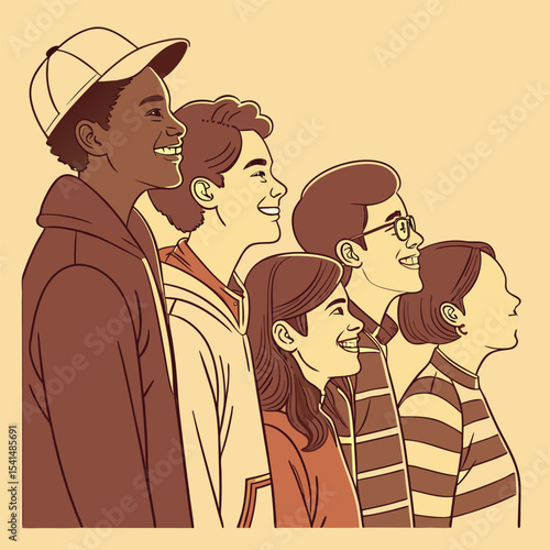 Diverse group of young people looking up with smiles in a retro cartoon style