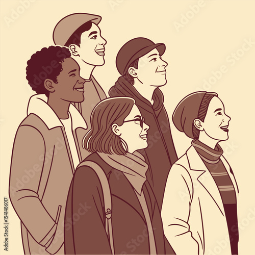Diverse Group of Young People Looking Upward with Hope and Optimism in Vector Art
