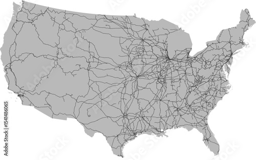 Contiguous United States vector map of the railway network with country boundary (Albers equal area conic projection, PPT-compatible & fully editable)