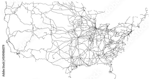 Contiguous United States vector map of the railway network (Web Mercator projection, PPT-compatible & fully editable)