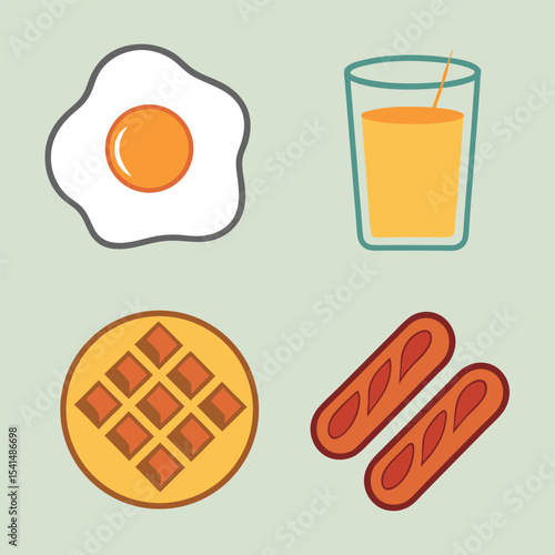 Stylized Breakfast Illustration Featuring a Fried Egg Glass of Orange Juice Round Waffle and Two Sausages on a Light Green Background