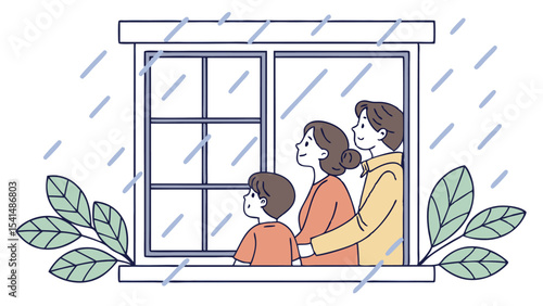 Family looks out the window on a rainy day with leaves on the window sill and rain falling outside home scene