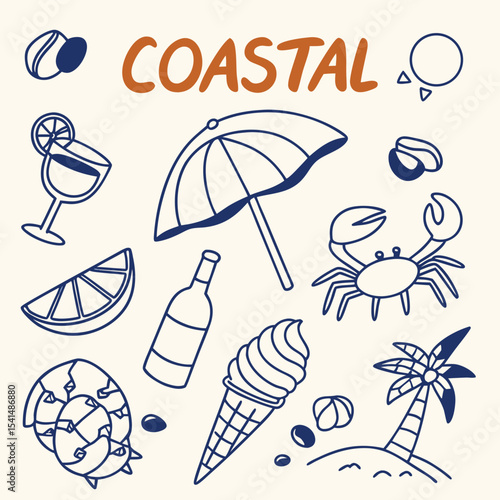 Hand Drawn Coastal Summer Icons with Beach Elements and Fun Activities in Navy Blue