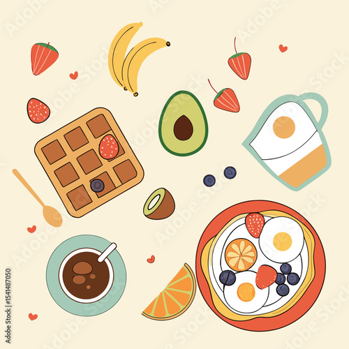 Colorful Breakfast Flat Lay Illustration with Waffles Eggs Fruit and Coffee