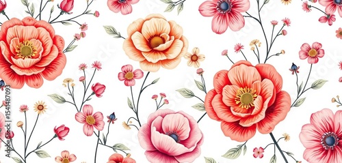 Delicate hand-drawn floral pattern, light background, seamless vector texture for fashion & wallpaper,  flowers,  feminine