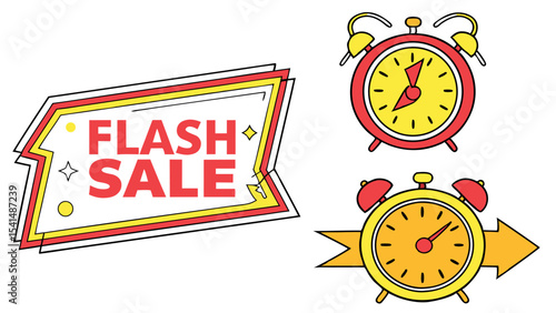 Illustration featuring a flash sale banner with stars and two alarm clocks indicating time sensitivity