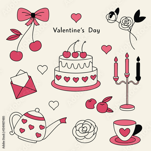 Cute Valentine s Day Illustration with Cake Tea Candles and Hearts for Romantic Celebrations