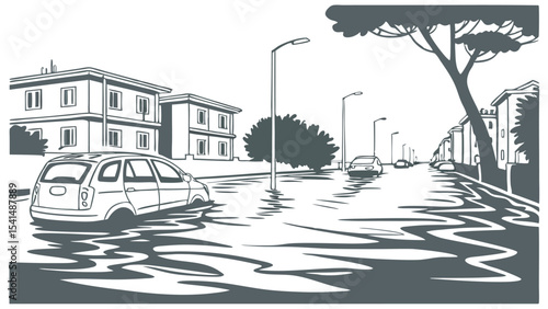 Flooded street scene with cars submerged in water near buildings and street lights on a cloudy day
