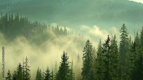 A tranquil mountain valley at sunrise, light fog rolling over pine trees — cinematic wide shot, sage green and cream hues dominate