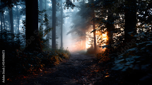Fototapeta Naklejka Na Ścianę i Meble -  A vintage-inspired postcard of a foggy forest at twilight, with the faintest glow of light from the setting sun filtering through the fog and illuminating the landscape.
