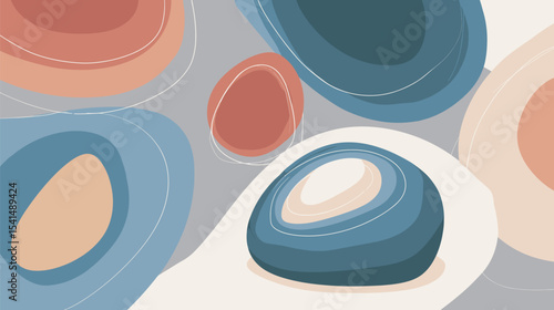 Abstract shapes float serenely in muted colored modern graphic design
