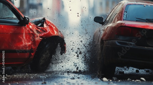 Two red cars collide on a wet road, creating a dramatic splash of water and debris.