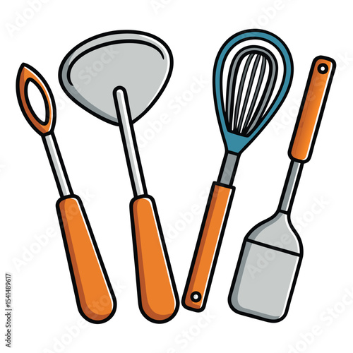 Kitchen Utensils Cartoon Illustration Featuring a Ladle Skimmer Whisk and Spatula with Orange Handles and Black Outlines on a White Background for Cooking and Food