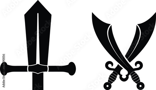 Silhouette of a sword and crossed sabers, ideal for heraldic or fantasy design.
