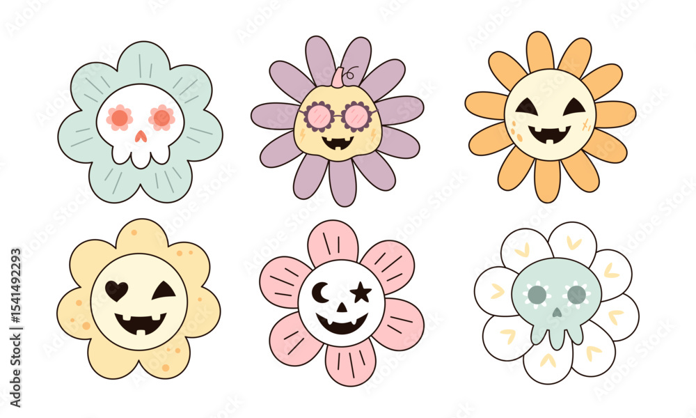 Fototapeta premium Cute Halloween flowers clipart set. Spooky seasonal floral characters, Happy Halloween hand drawn vector illustration in cartoon flat style