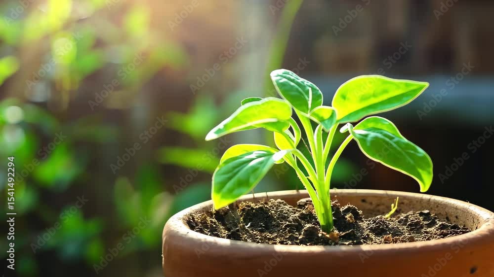 Sunlit young plant growing in terracotta pot on a wooden surface, Young plant in soil with sunlight, terracotta pot background Sunlit young plant growing in terracotta pot on a wooden surface, Young plant in soil with sunlight, terracotta pot background