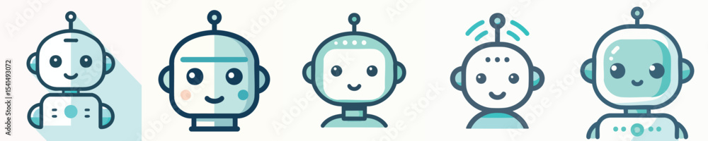 Obraz premium Cute Robot Icon Set – Flat Minimalist Cartoon Robots Collection for App, UI, Sticker, Mascot, and Web Design