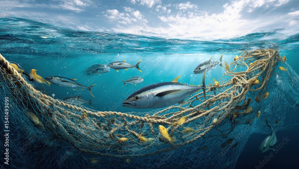 Fototapeta premium fishing net full of fish is underwater