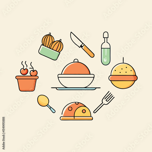 Flat Vector Illustration of Food and Drink Items Arranged in a Circle Including a Burger Melon Bottle and Covered Dish on Beige Background