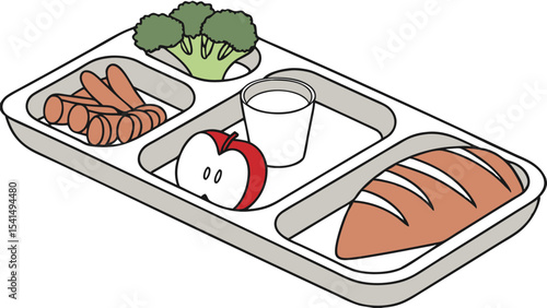 Illustration of a school lunch tray with broccoli, sausages, milk, apple slice, and a loaf of bread inside