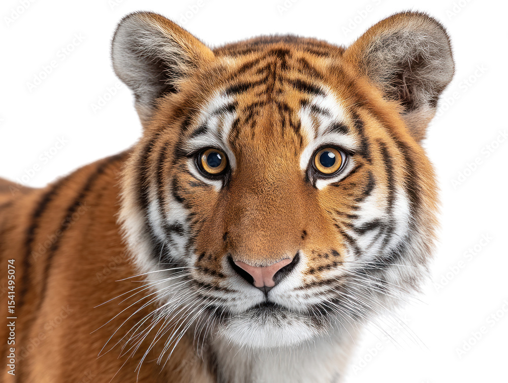 Obraz premium Adorable Young Tiger Cub Close Up Portrait Wildcat's Intense Gaze isolated on transparent background
