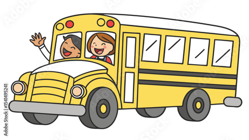Illustration of a yellow school bus with two smiling children waving from the windows on a white background