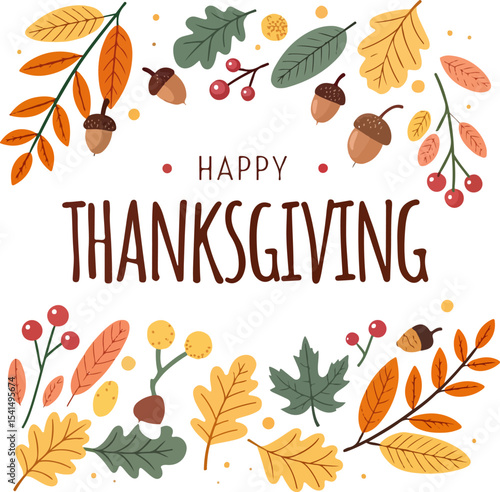 Happy Thanksgiving Autumn Leaves, Acorns, and Festive Greetings