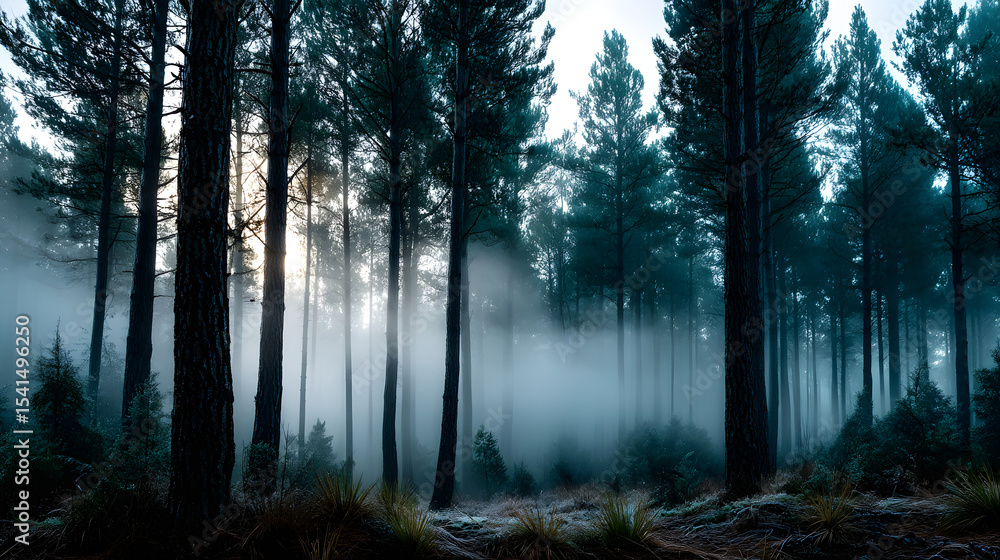 Fototapeta premium A vintage photograph of a foggy pine forest with the mist gently drifting between the trees at sunrise, creating a serene and peaceful atmosphere.
