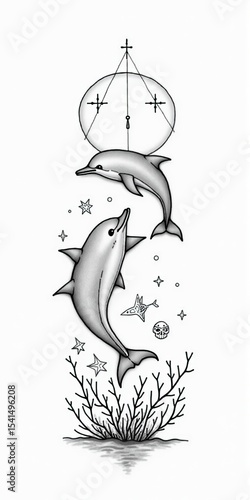 Two stylized dolphins swim above coral, surrounded by stars and geometric shapes, tattoo style