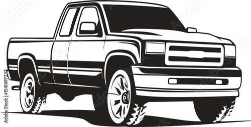 Robust Pickup Truck Silhouette: Solid Profile of a Full-Size Work Truck Emphasizing Strength and Utility, Ideal for Industrial Catalogs on White Canvas